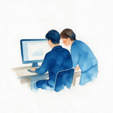 Illustration of two people reviewing a dashboard on a computer